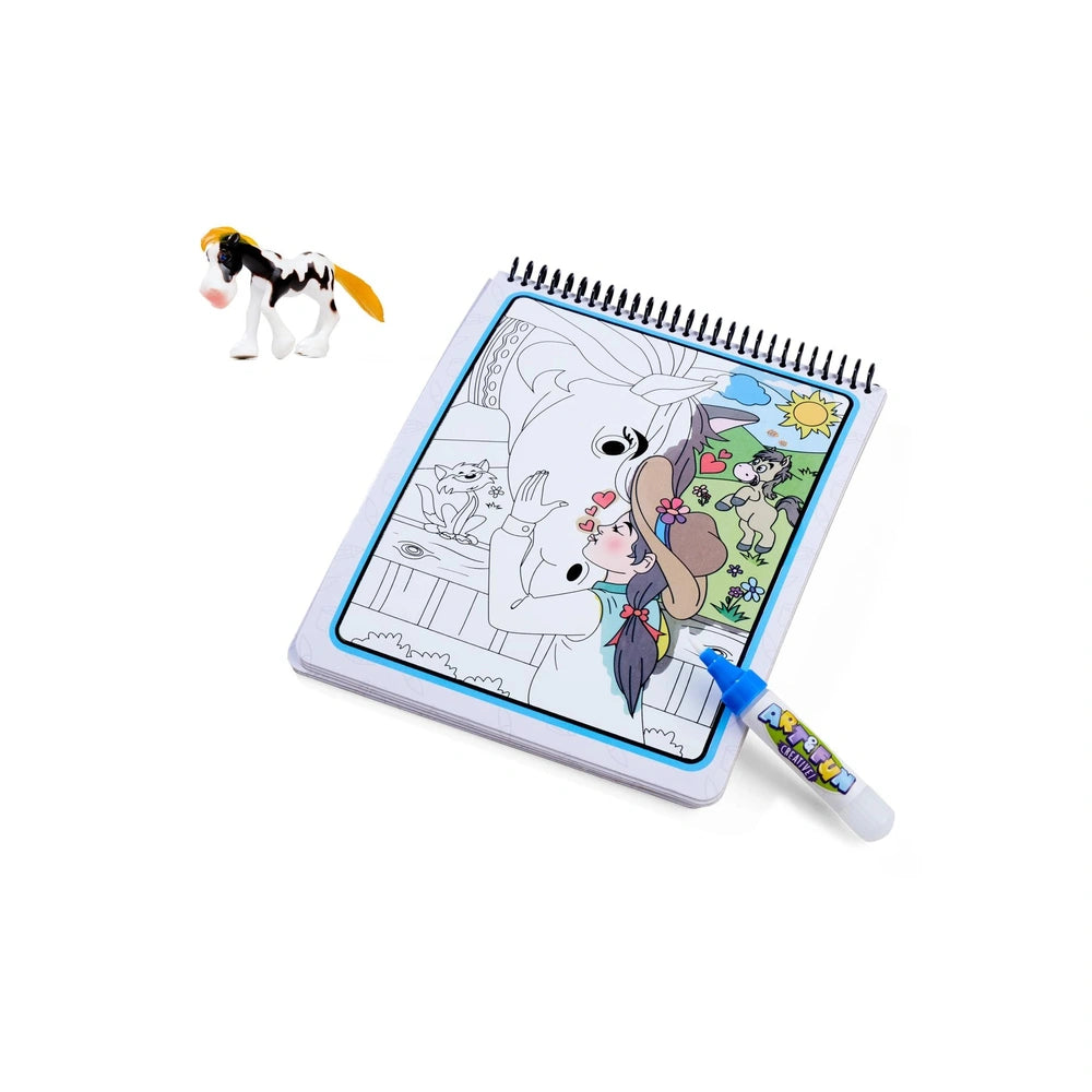 Simba - Art & Fun Water Pen Coloring Book Horses featuring colorful horse and cat design with a horse figurine on the side.