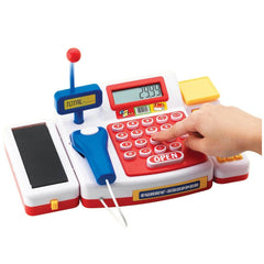 Simba Checkout Counter with Scanner, a realistic toy cash register in white, red, and yellow colors with display and buttons.