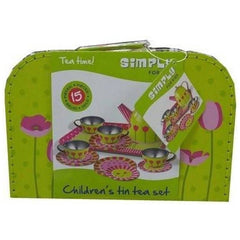 Simply Tulip Tea Time Tin Tea Set features vibrant pink and yellow cups, saucers, and a green teapot with floral designs.