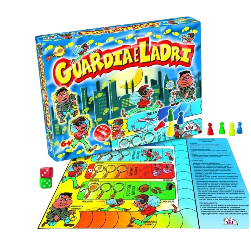 STELLA Guardia e ladri board game packaging features colorful cartoon characters, a glossy finish, and a blue background.