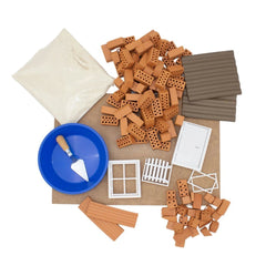 Teifoc beach house set includes various wooden blocks, a blue bowl, and plastic components arranged on a flat surface.