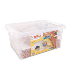 Teifoc construction kit in a clear container filled with colorful craft items and a hinged lid for easy access.