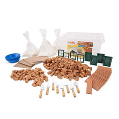 Teifoc construction kit featuring assorted Lego bricks, wooden planks, tools, and a blue bowl on a white surface.
