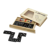 Teorema wooden board game features a light wood board, black tiles with white dots, and a compartmentalized wooden tray.