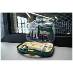Green plastic tool case with yellow interior, featuring white screws and a screwdriver, labeled "BOSS" and "12V".