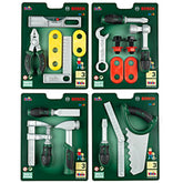 Theo Klein Bosch tool set in a green box with plastic window, featuring metal and plastic tools like a screwdriver and pliers