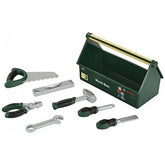 Theo Klein Bosch Work Box features a green matte box with a handle and silver metallic tools arranged in a row.
