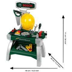 Theo Klein Bosch Workbench Junior in green with plastic tools including screwdriver, pliers, wrench, hammer, and tape measure