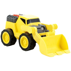yellow bulldozer toy with a black scoop, textured tires, and shiny front window, showcasing construction vehicle details.