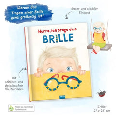 TROTSCH - Hurra I Wear Glasses book cover features a child with glasses peeking from behind a book, set against a light blue