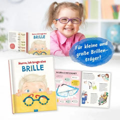 A smiling girl in a pink top and blue glasses holds an open book titled "BRILLE" in front of a colorful bookshelf.