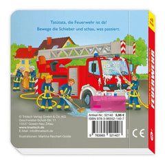TROTSCH firefighter activity book cover features vibrant illustration of firefighters battling a fire with a red fire truck.