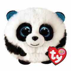 TY - Beanie Bellies Puffies Bamboo Panda, 6 cm plush toy with black and white design, glittery blue eyes, smiling face.