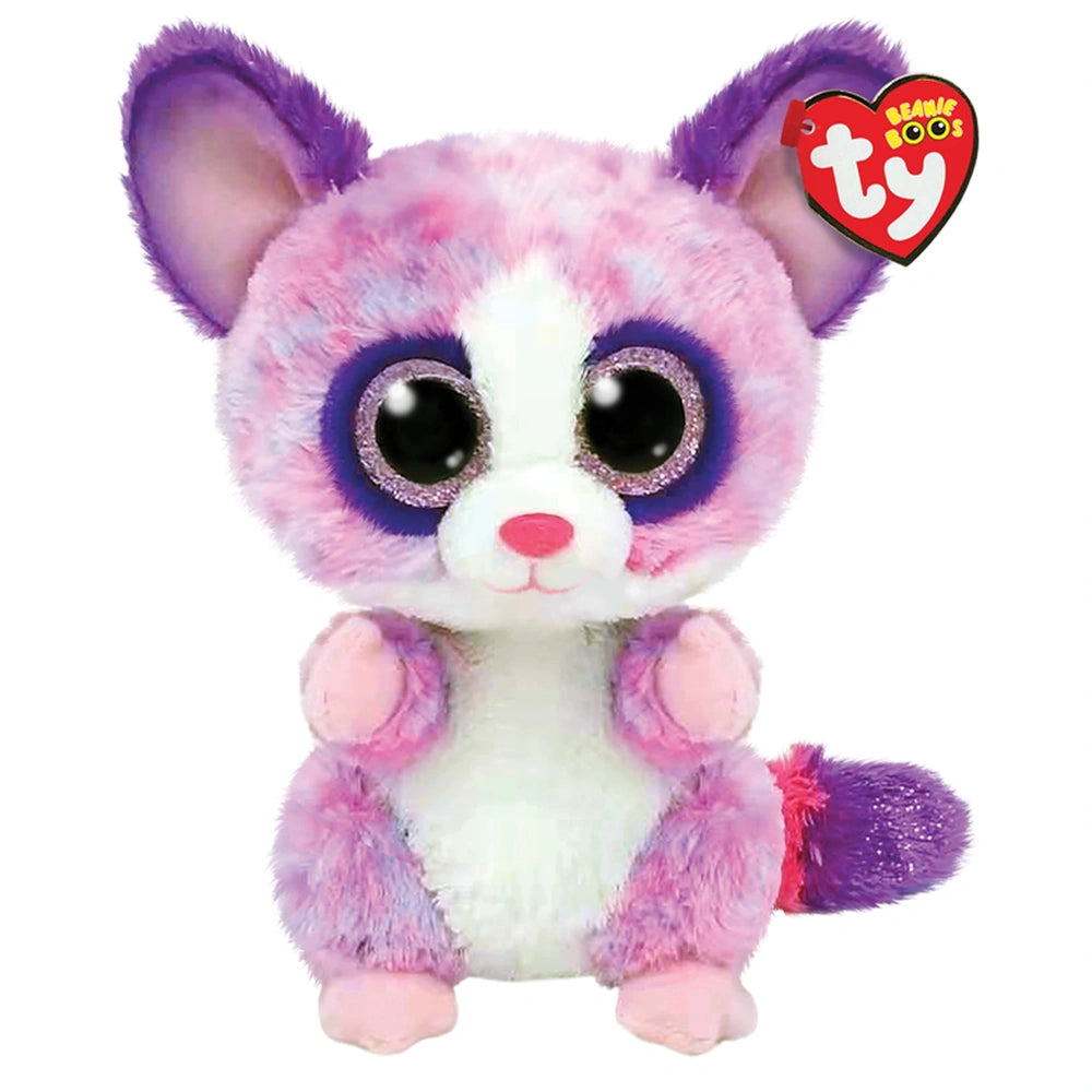 TY - Beanie Boos Becca pink bush baby plush toy with sparkly eyes, pink and purple fur, and a heart-shaped tag.