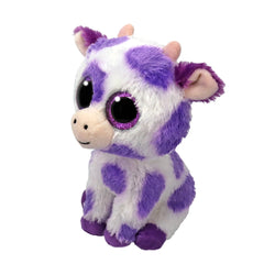 TY - Beanie Boos Ethel purple spotted cow plush toy, 15 cm, with large eyes and purple spots on a white body.