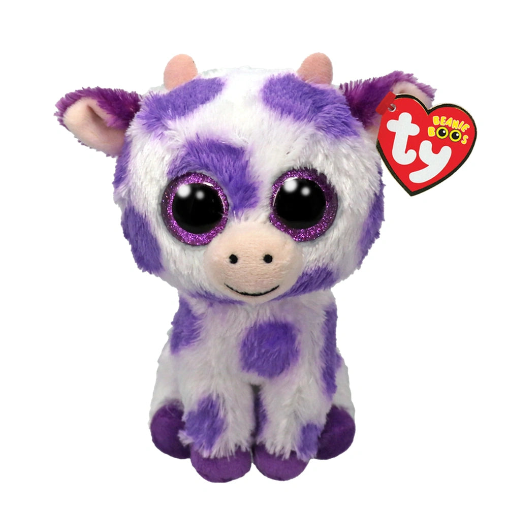 TY - Beanie Boos Ethel purple spotted cow plush toy with big black eyes and fluffy purple-white fur, 15 cm tall.