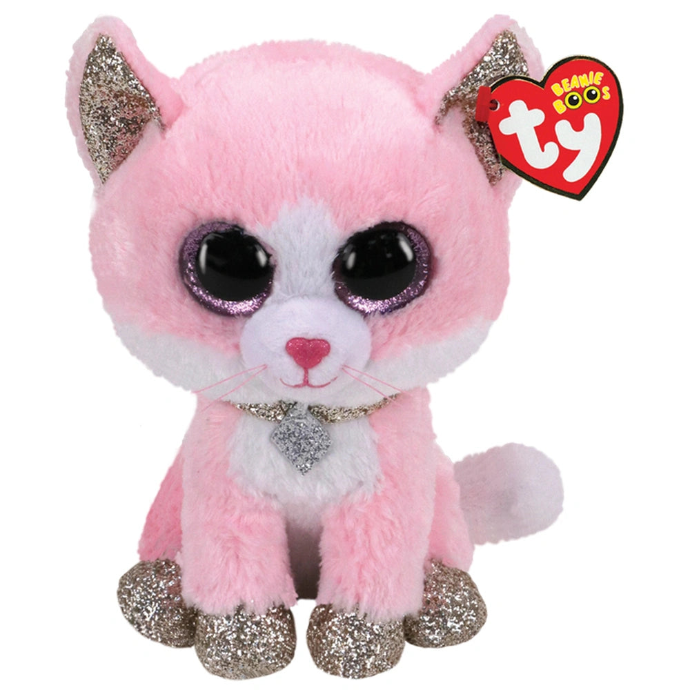 TY - Beanie Boos Fiona Pink Cat Plush 15 cm with glittery ears, big eyes, and a heart-shaped collar against a white backgroun