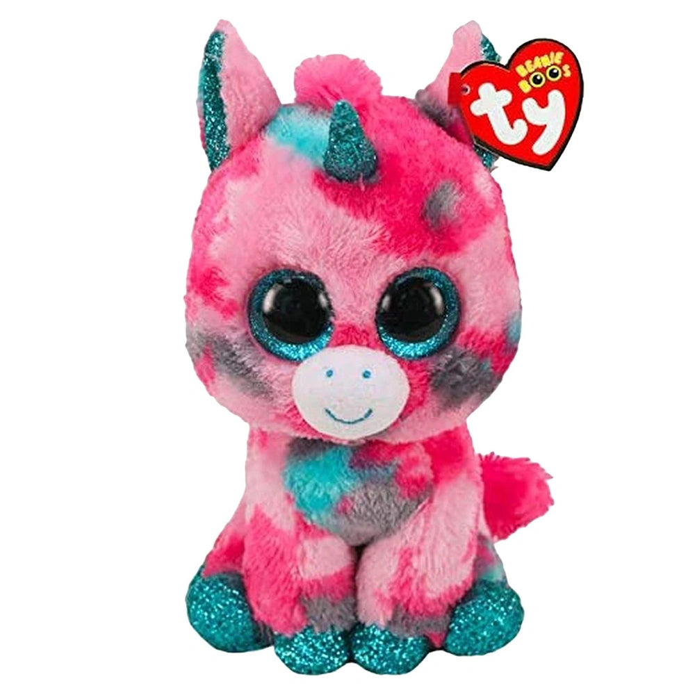 TY Beanie Boos Gumball Unicorn Plush in vibrant pink, blue, and purple with glittery feet and smiling face.