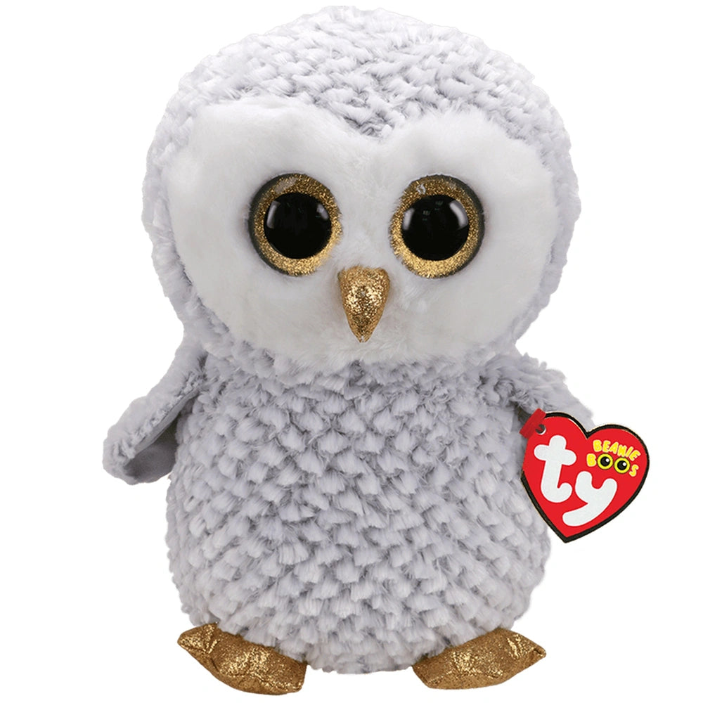 TY Large Owlette plush toy, 42 cm white owl with fluffy texture, golden-eyed, holding a heart tag on a white background.