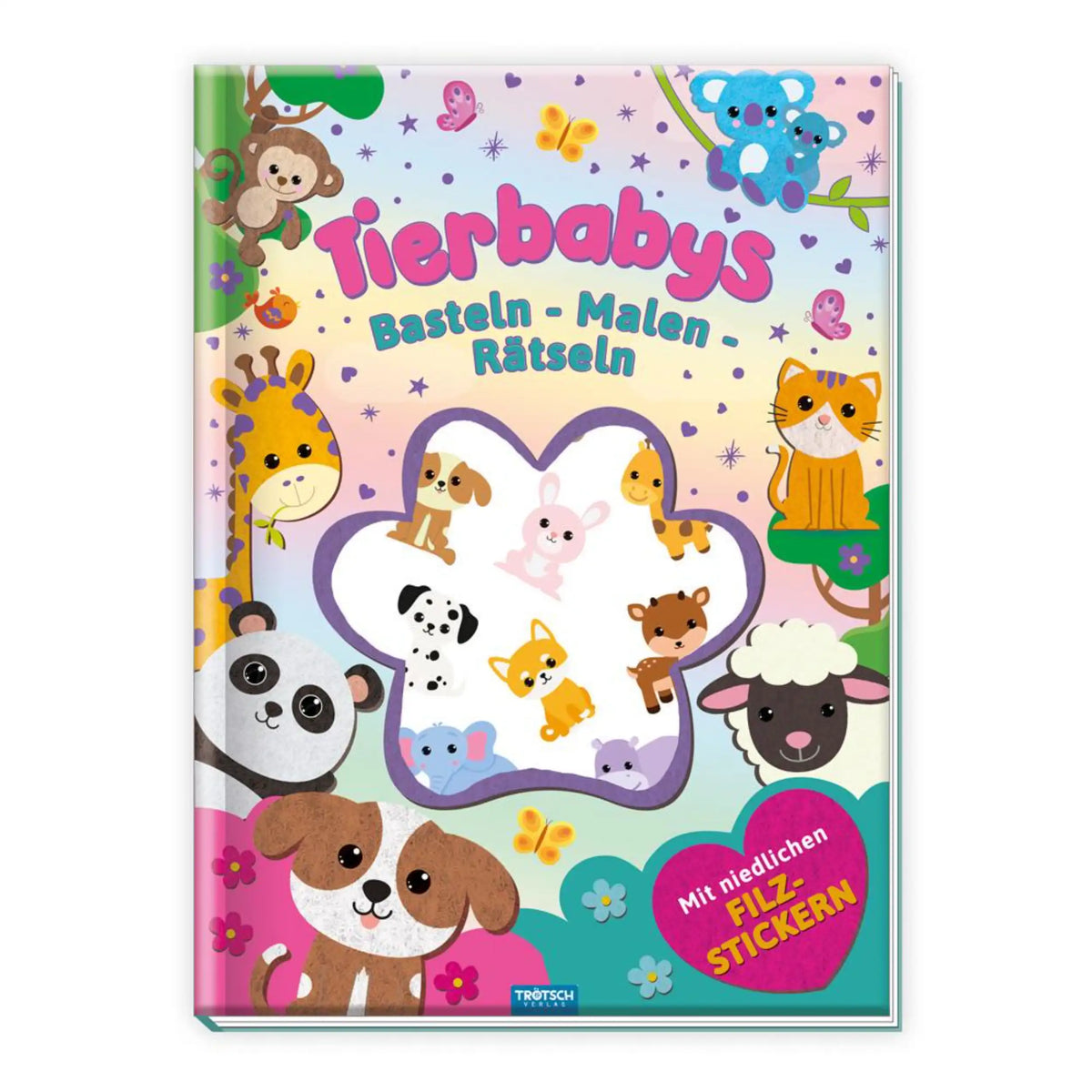 TROTSCH's "TIERBABYS" arts and crafts book features colorful cartoon animals and playful text on a glossy pink and purple cov
