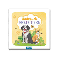 TROTSCH Bath Book features a dog and cat on grass under a yellow sky, with playful text "Badebuch erste tier" above.