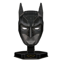4D Build DC Batman mask puzzle model kit in glossy black, featuring pointed ears and geometric design against a light backgro