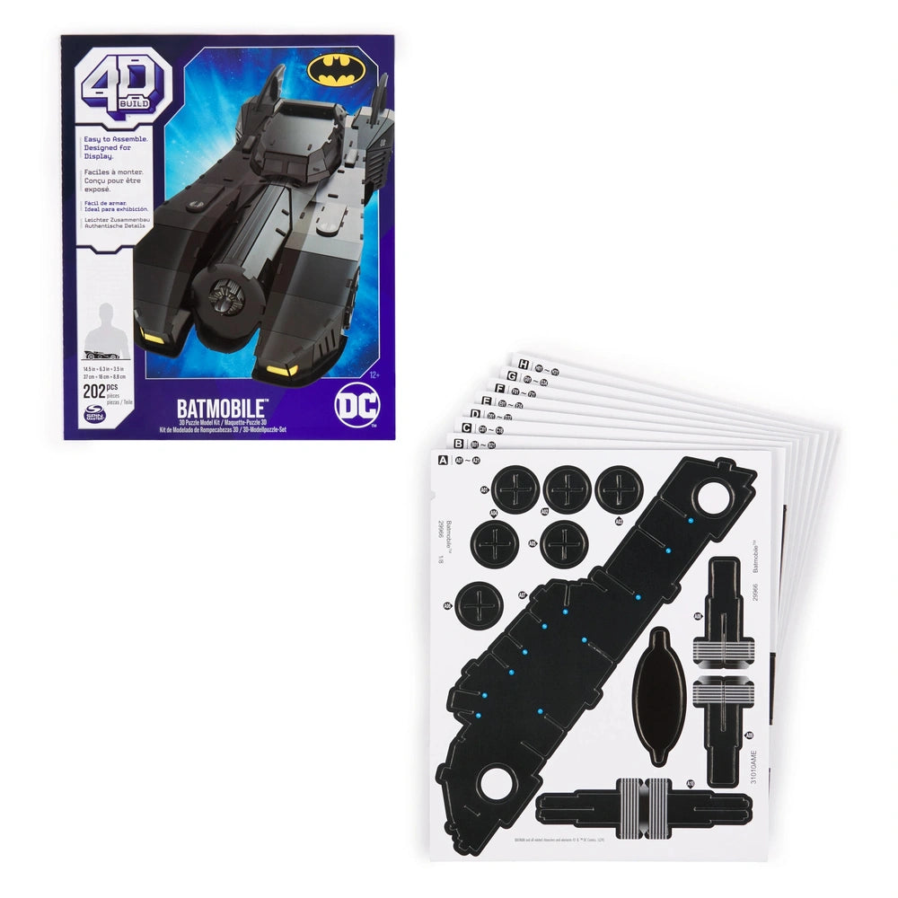 4D Build DC Batman Retro Batmobile 3D puzzle model kit featuring a black Batmobile with yellow accents and assembly parts.