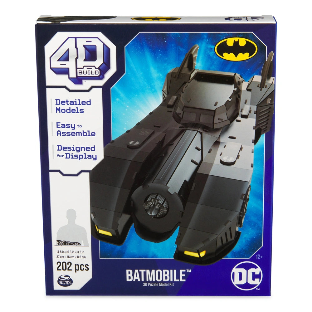 4D Build DC Batman Retro Batmobile 3D puzzle model kit featuring a black Batmobile with yellow and white accents in packaging