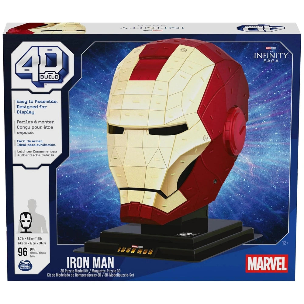 4D Build Marvel Iron Man 3D Puzzle Model Kit featuring a red and white helmet with a glossy blue box design.
