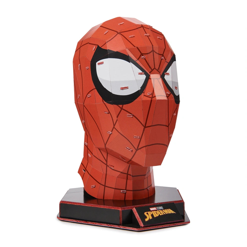 4D Build Marvel Spider-Man 3D Puzzle Model Kit features a red and black Spider-Man mask on a sleek black base with a plaque.