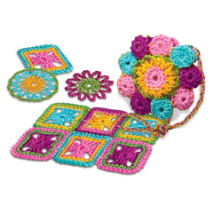 4M Crochet Art kit featuring colorful coasters and flower decorations in blue, yellow, pink, green, and purple.