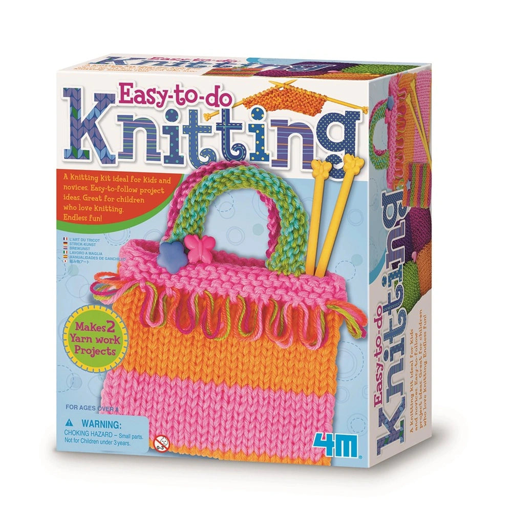 4M Easy to Do Knitting kit packaging features a colorful design with a clear window, suitable for ages 4 and up.