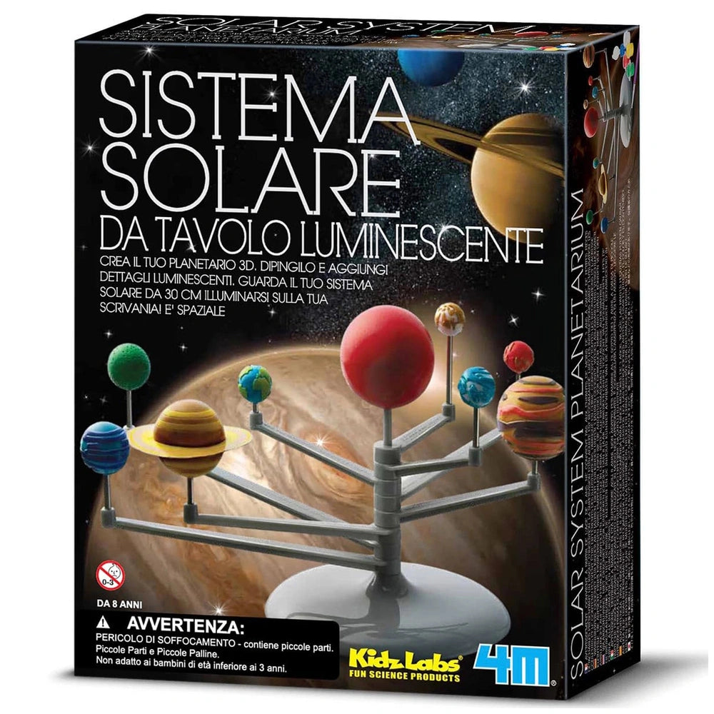 4M KidzLabs Planetarium educational toy packaging with glossy black finish, featuring a solar system model in vibrant colors.