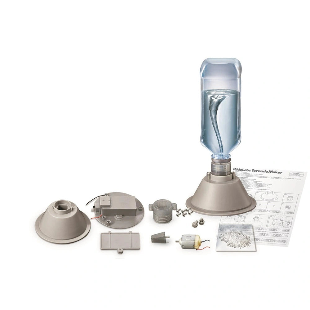 4M KidzLabs Tornado Maker with a clear plastic bottle, gray cap, silver base, and small metallic components.