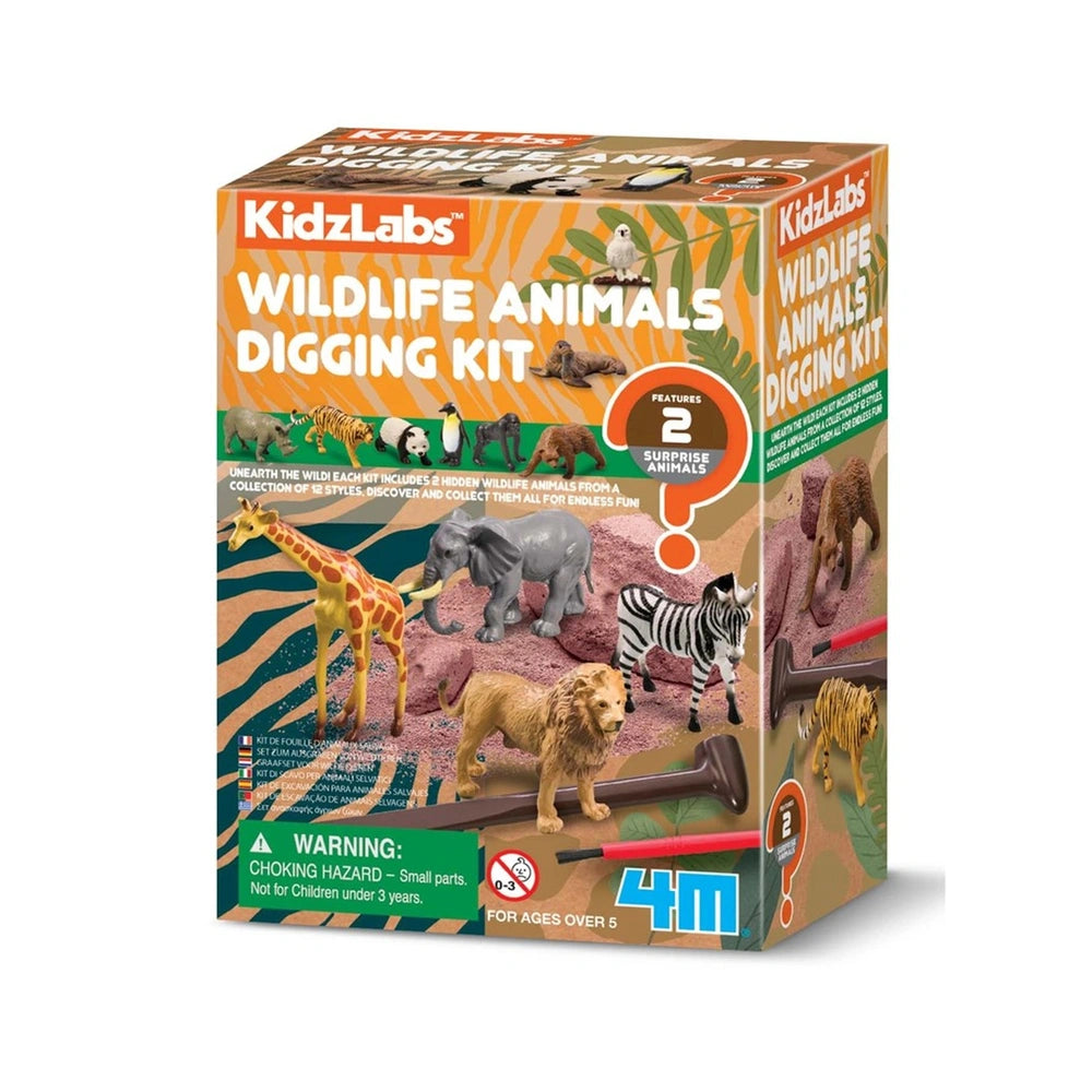 KidzLabs Wildlife Animals Digging Kit packaging features a giraffe, zebra, elephant, and lion on an orange background.