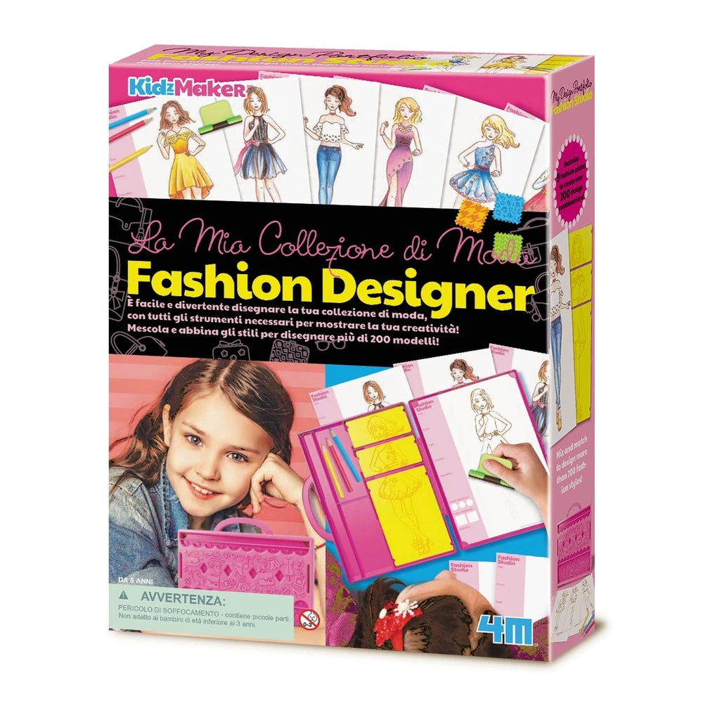 4M KidzMaker My Design Portfolio Fashion Studio packaging in glossy pink features a clear window displaying arts and crafts s