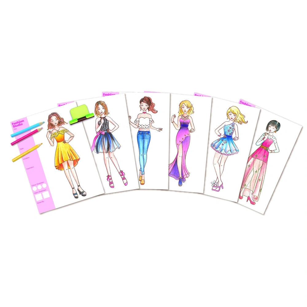 4M KidzMaker My Design Portfolio features six illustrated fashion figures in varied colorful outfits on a matte white backgro