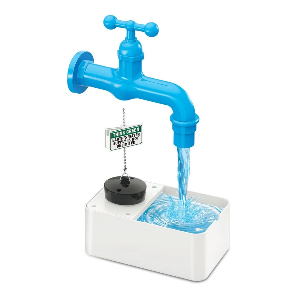 Blue faucet with blue water on a white base, featuring text "THINK GREEN," "EARTH SAVIOR," and "WATER IS NOT UNLIMITED."
