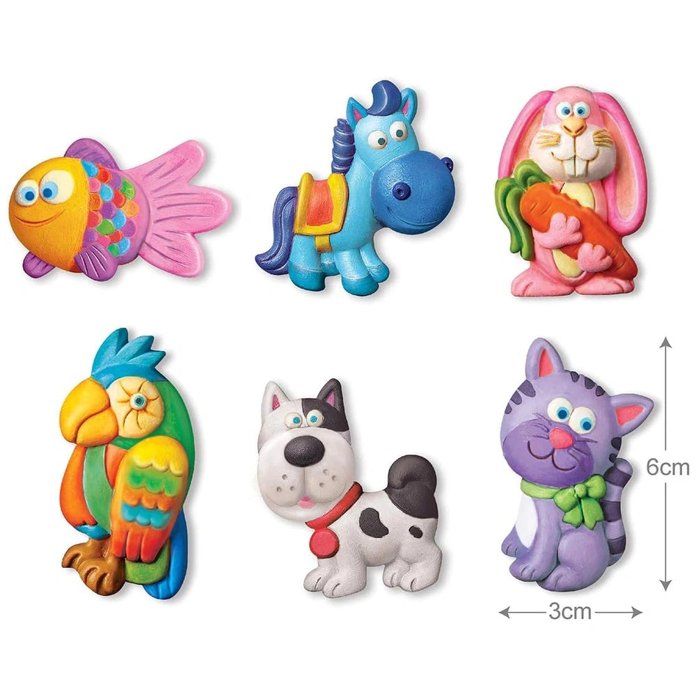 4M Mould & Paint Cute Pets kit featuring a yellow fish, blue horse, pink rabbit, and white dog magnets for arts and crafts.