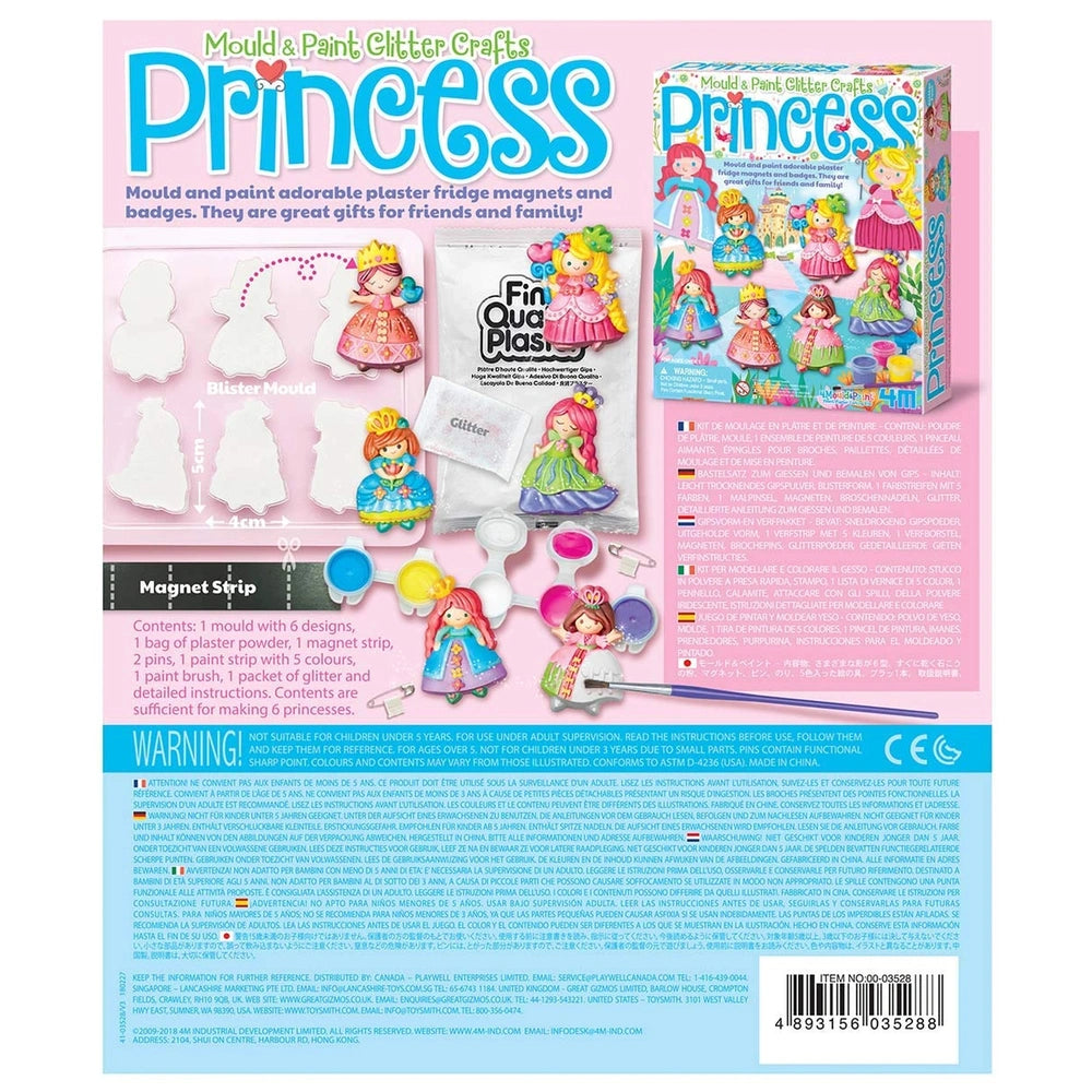 4M Mould & Paint Glitter Crafts Princess kit in glossy cardboard box with multiple transparent and matte plastic bags.