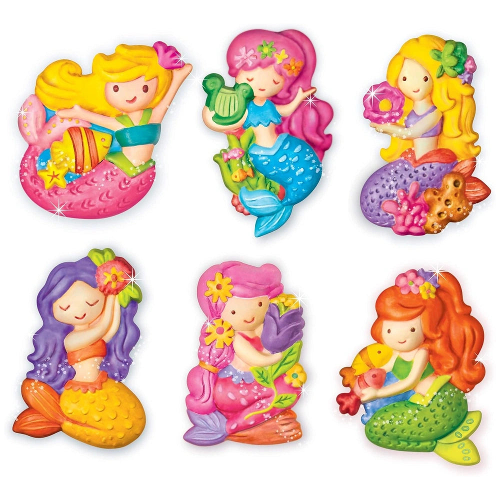 4M Mould & Paint Mermaid kit featuring six unique, vibrant figurines with diverse hairstyles, accessories, and expressions.