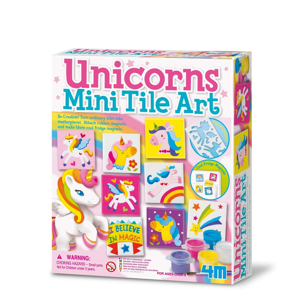 Unicorns Mini Tile Art packaging features colorful unicorn illustrations, a clear window, and a warning label for ages 8+.