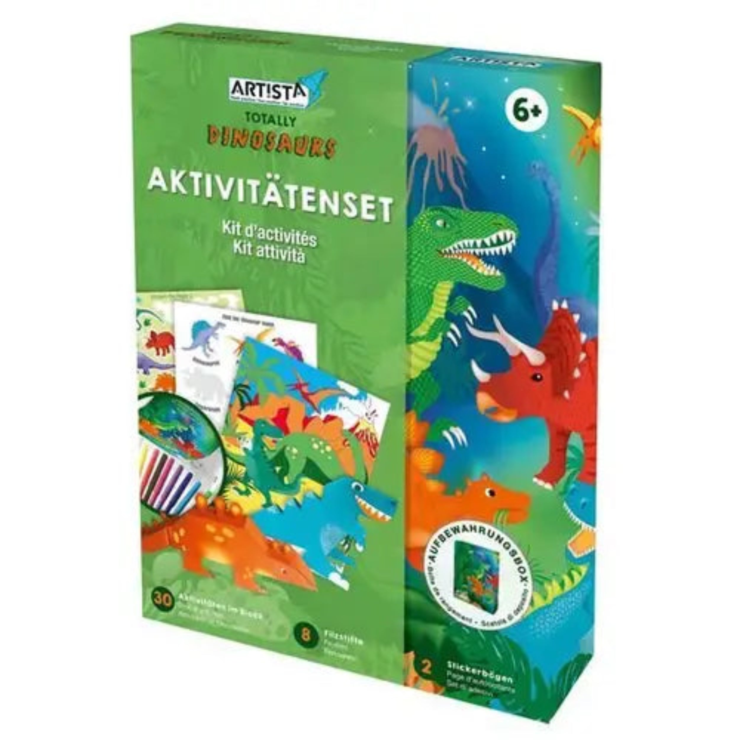 Artista Dinosaur Activity Set box with colorful prehistoric dinosaur illustrations, art tools, and activity details. Suitable for ages 6+.
