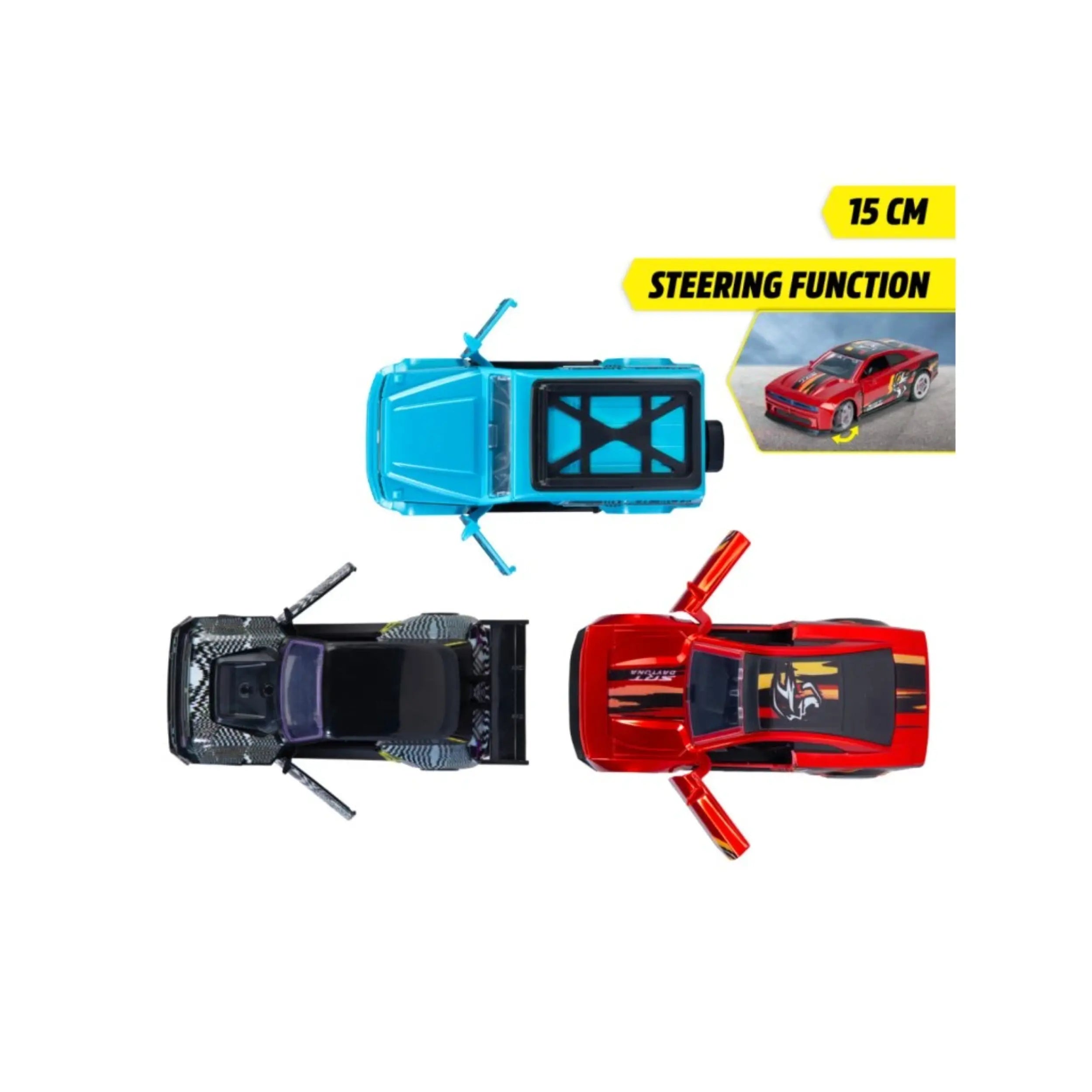 Dickie Auto Pullback Racer is a red plastic car with a glossy finish, black roof, yellow stripe, and transparent windows.