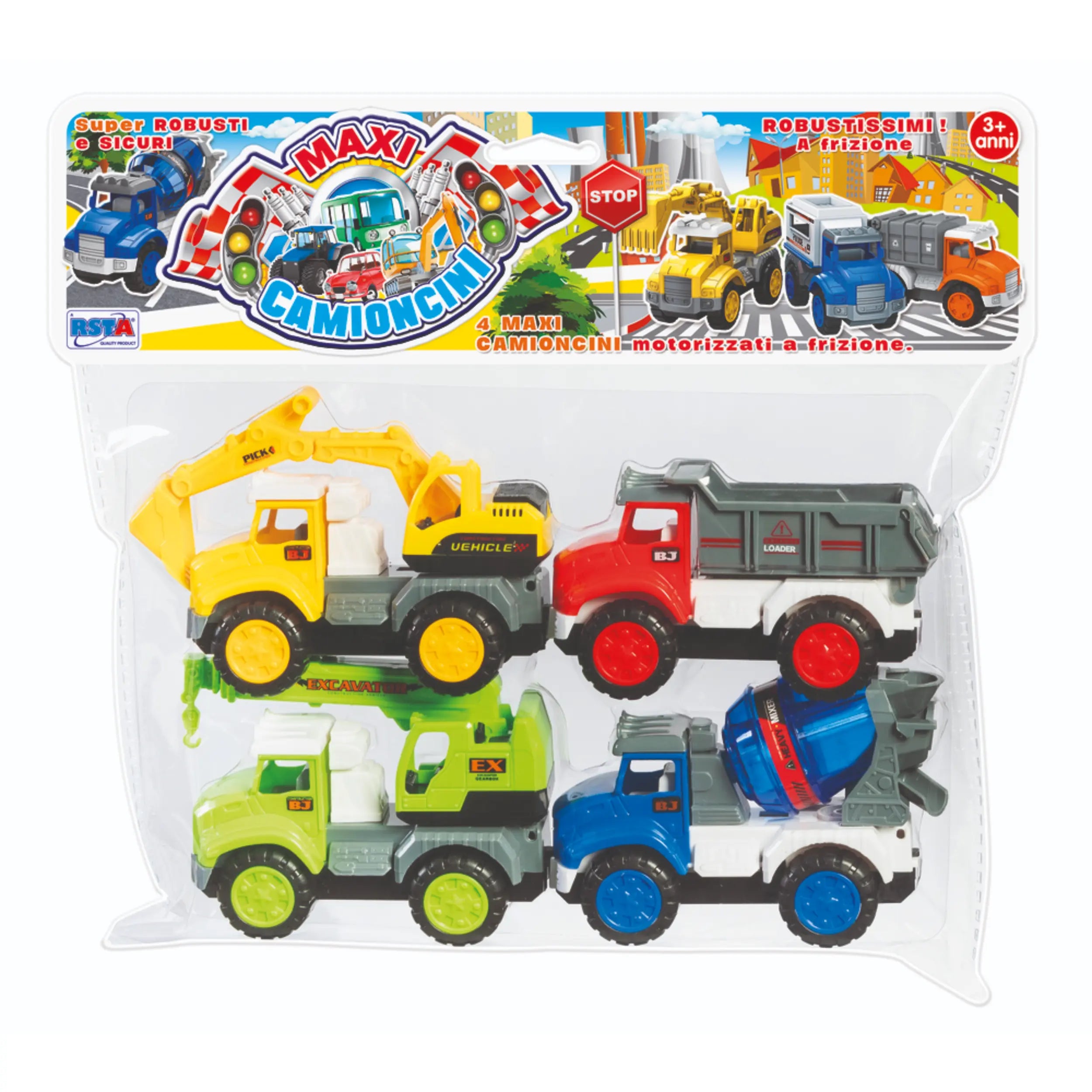 Maxi Friction Trucks Set features colorful toy construction vehicles including a crane, truck, and car in a clear plastic pac