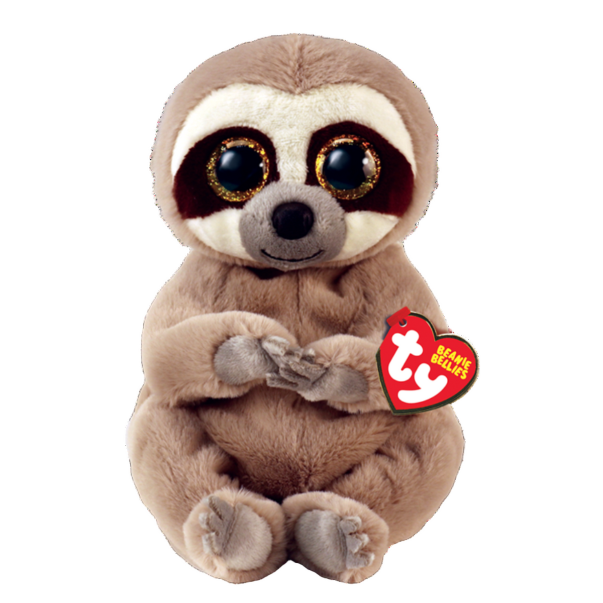 Plush sloth toy with a red tag on a white background