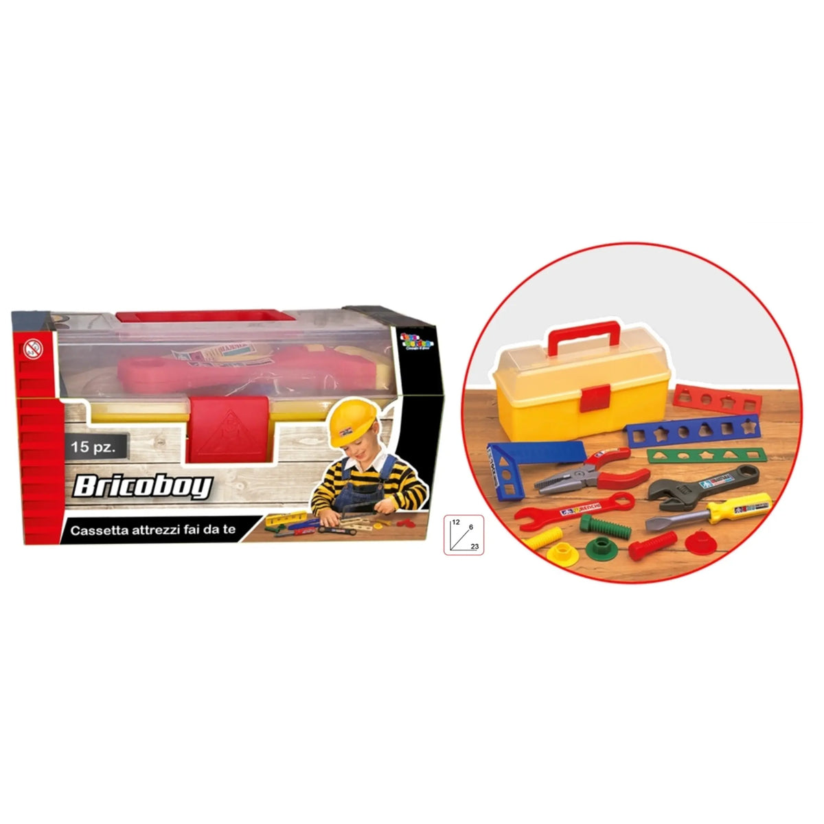 Bricoboy toolbox set features 15 colorful construction tools and components in a red and black case on a wooden surface.