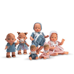 Group of ASI Dolls from the Koke Dress Daisies Collection in blue and pink outfits, displaying various poses.