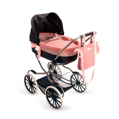 Luxurious pink and black doll stroller with a removable hood and matching bag, featuring elegant design and large wheels.