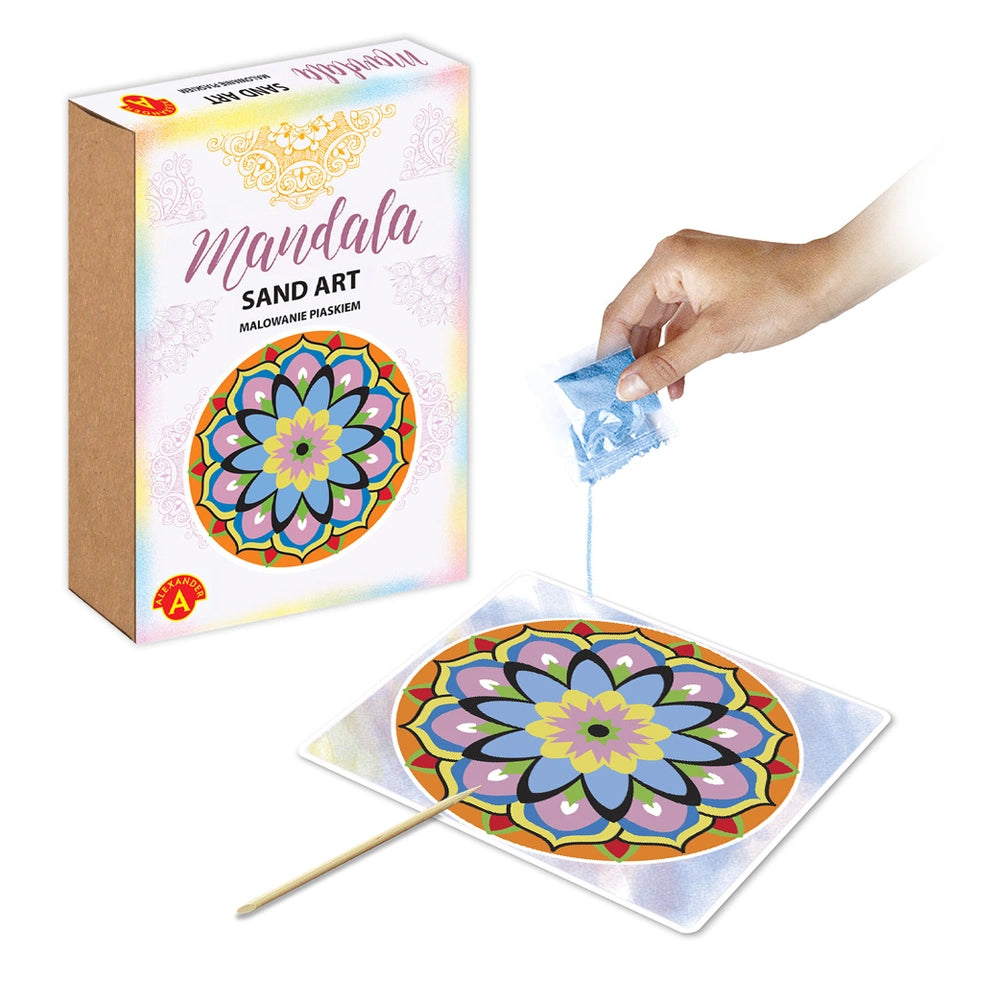 Sand Art Mandala craft being lifted from an open box, showcasing its vibrant, multicolored design.